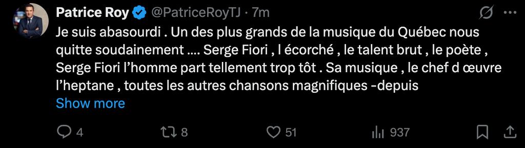 Patrice Roy s'exprime après le décès de Serge Fiori