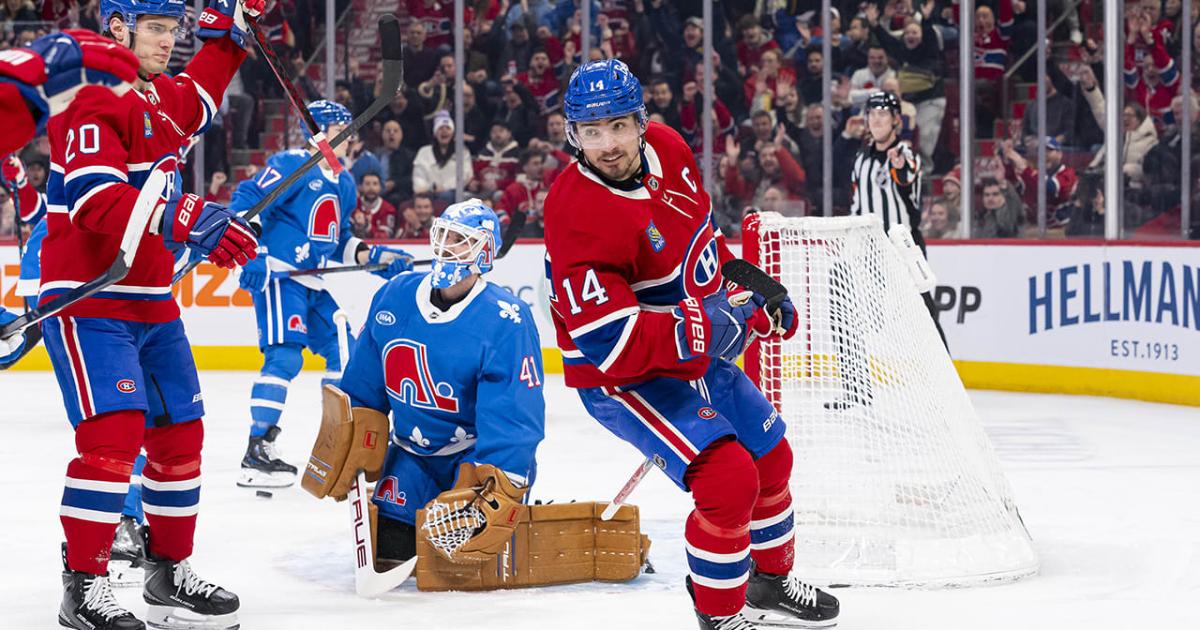 Nick Suzuki célèbre son but face au Colorado (habillé en Nordiques)