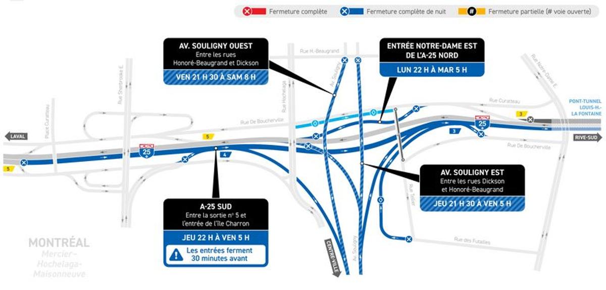 Fermeture complète de l'autoroute 25 en direction de la Rive-Sud durant la nuit du 25 au 26 juin