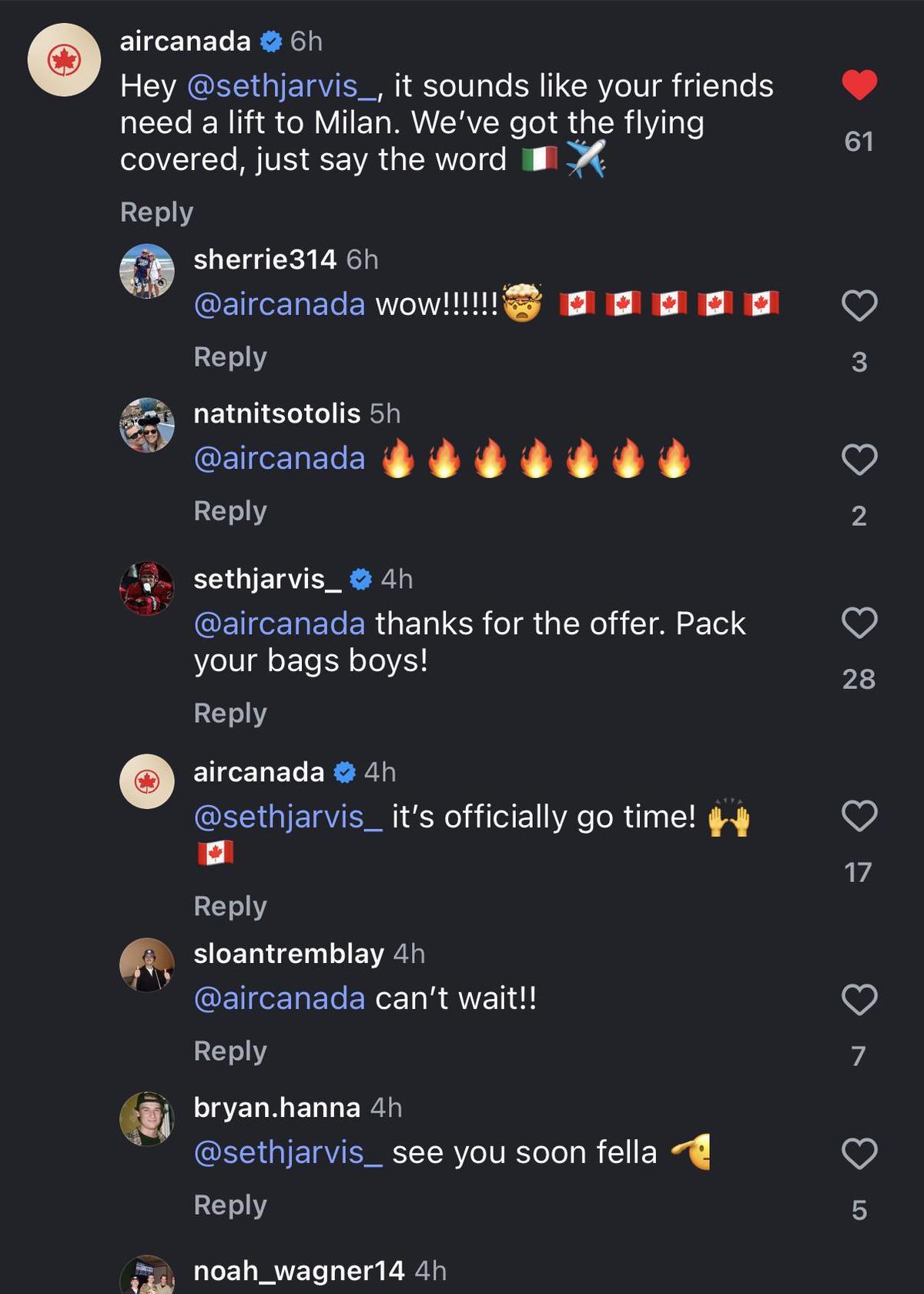 Offer from Air Canada to Seth Jarvis' friends.