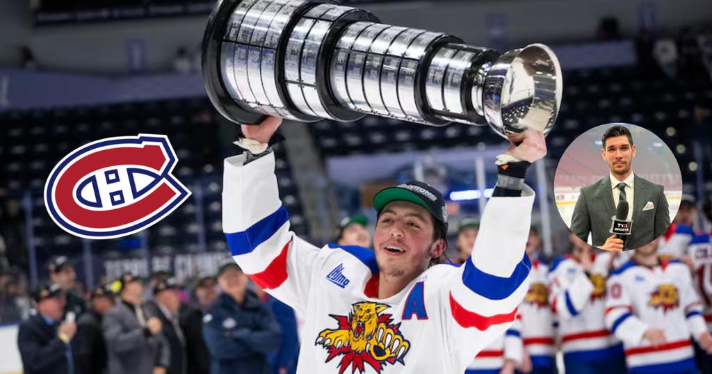 Caleb Desnoyers avec le trophée Gilles-Courteau, le logo du CH et Anthony Martineau