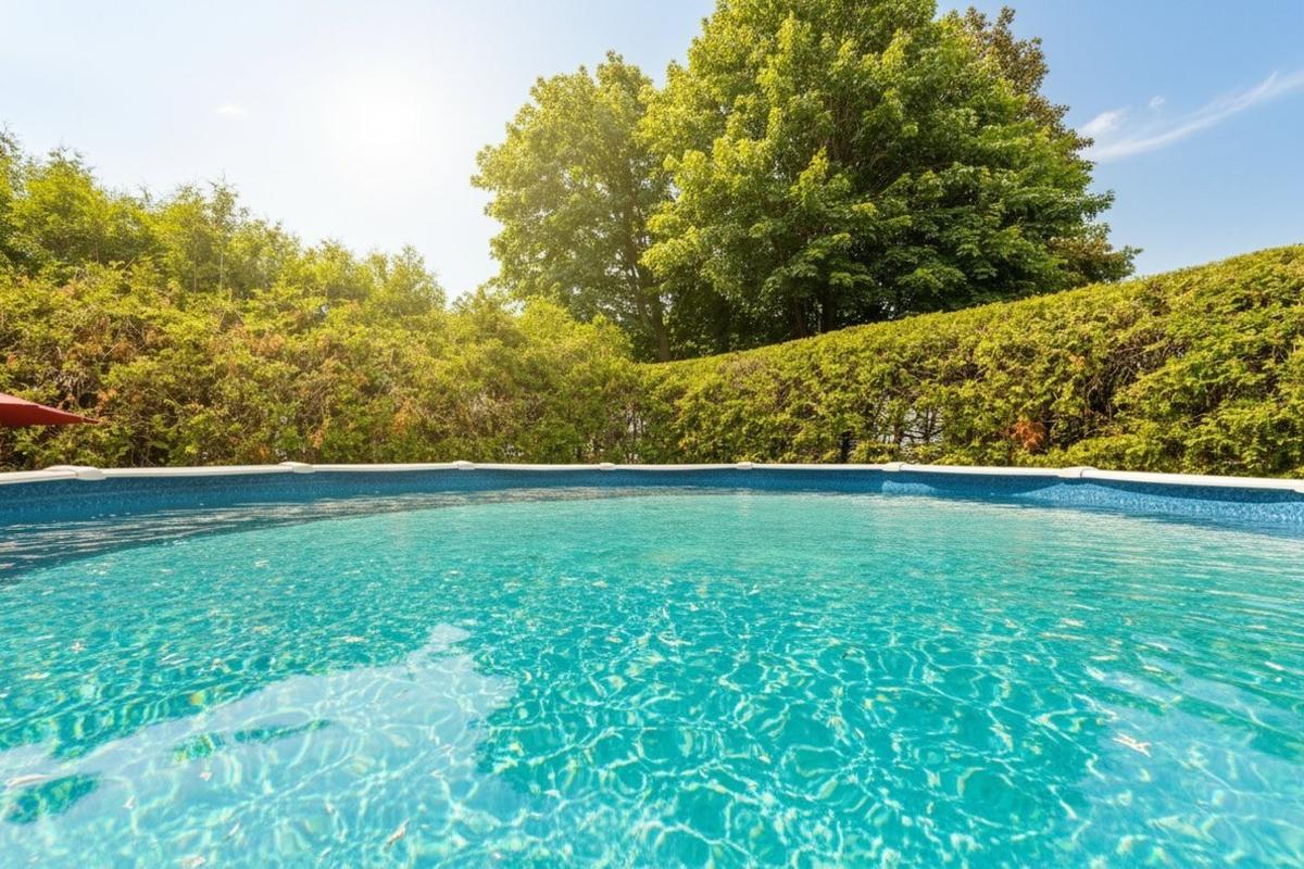 Vue sur la piscine et l'aménagement