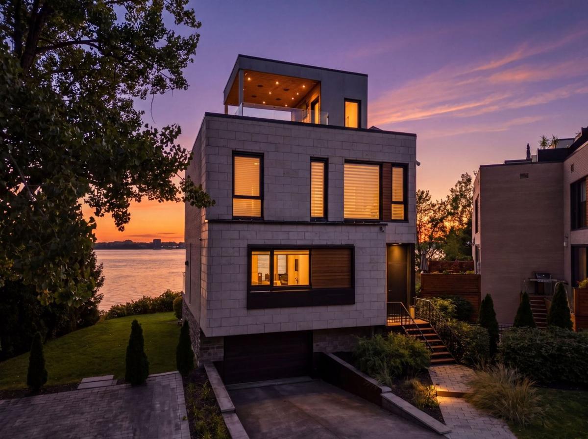 Façade contemporaine de la maison au bord de l'eau