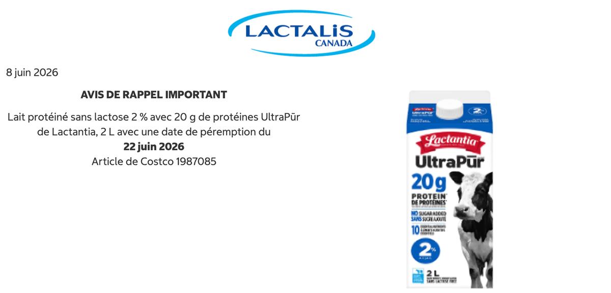 Lait rappelé par Costco