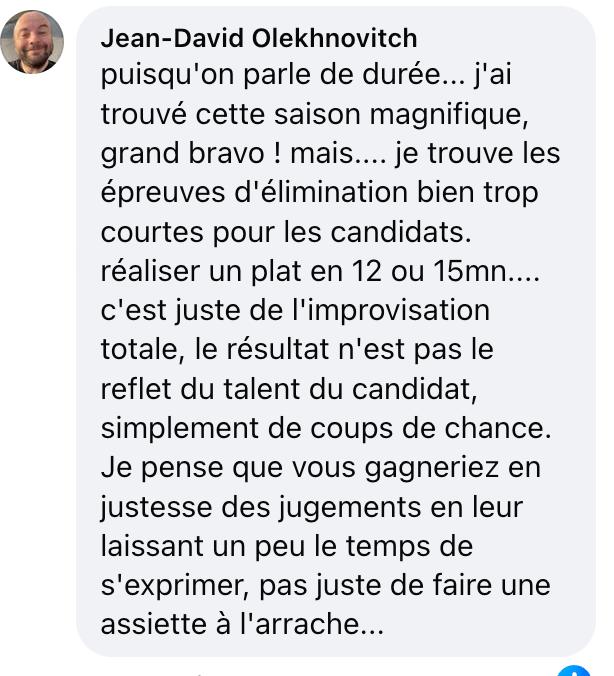 Commentaire sur la page Facebook de Les Chef