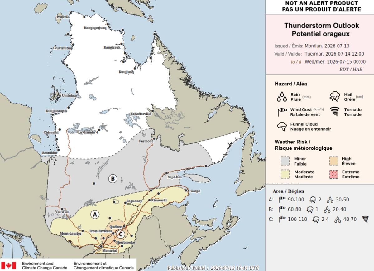 Carte du potentiel orageux au Québec pour le 14 juillet 2026