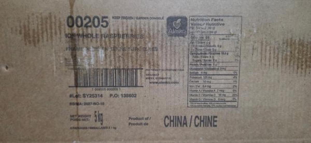 Étiquette de la caisse de framboises entières surgelées Alasko 5 kg