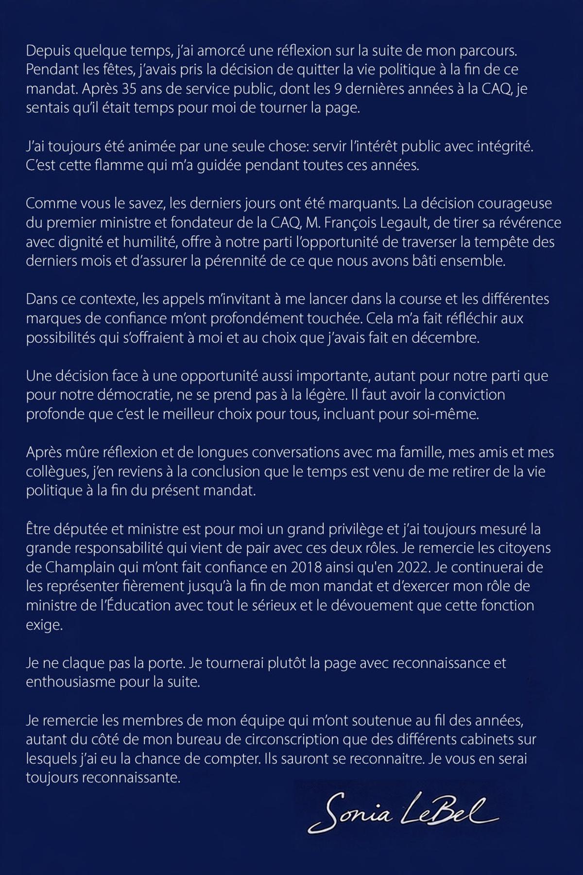 Message de départ de Sonia Lebel