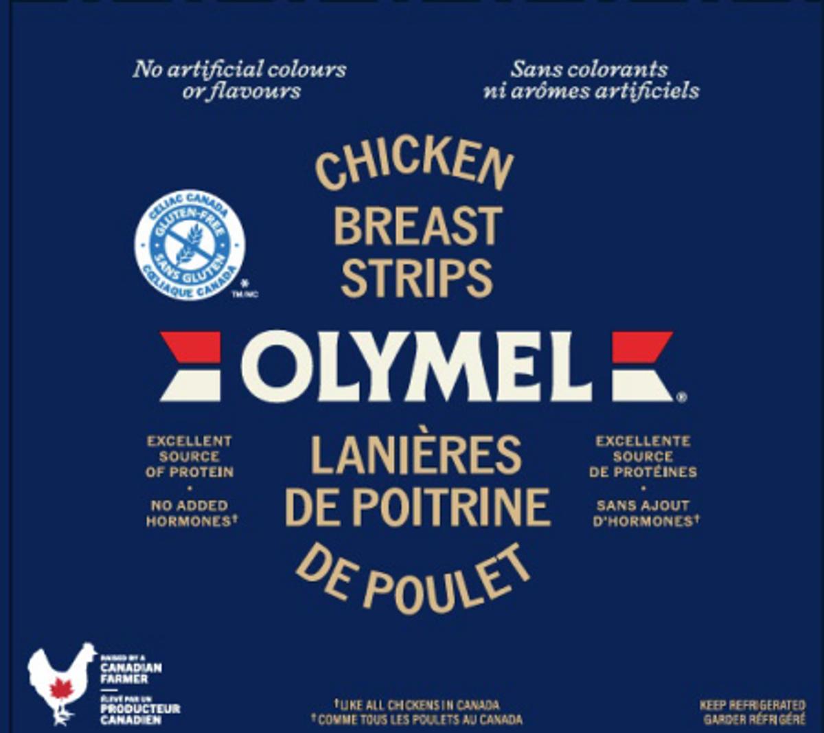 Emballage avant des lanières de poitrine de poulet Olymel visées par le rappel