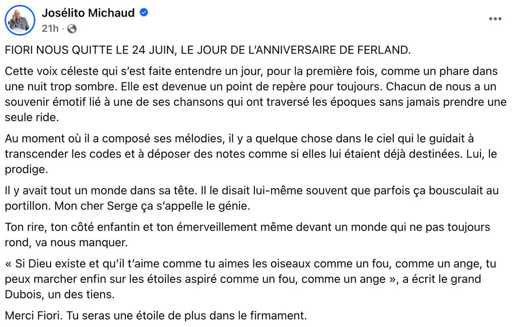 Josélito Michaud rend un hommage à Serge Fiori