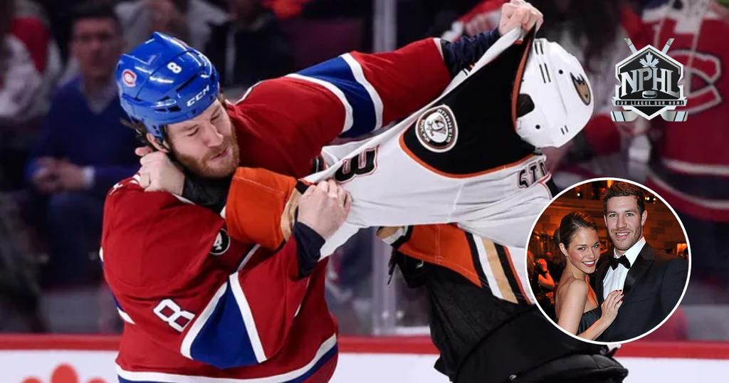 Brandon Prust dans l'uniforme du Canadien qui livre un combat. Mariepier Morin est dans la miniature avec lui.