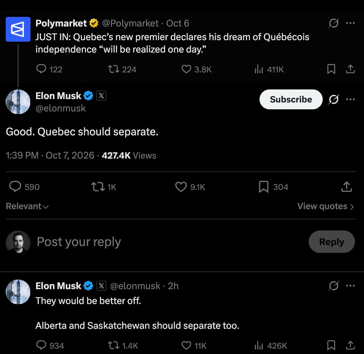 Elon Musk se prononce sur l'indépendance du Québec