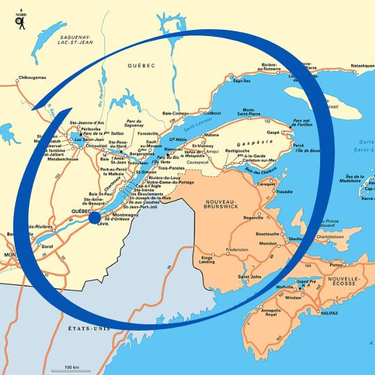Carte du Québec avec un cercle indiquant la région qui supporterait un éventuel retour des Nordiques