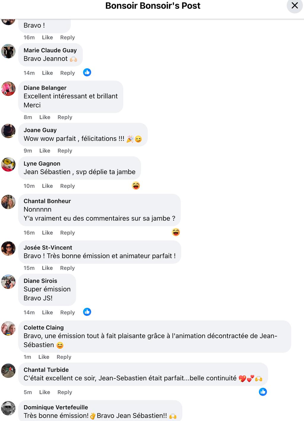 Capture d'écran des commentaires de la première de Jean-Sébastien Girard à Bonsoir Bonsoir
