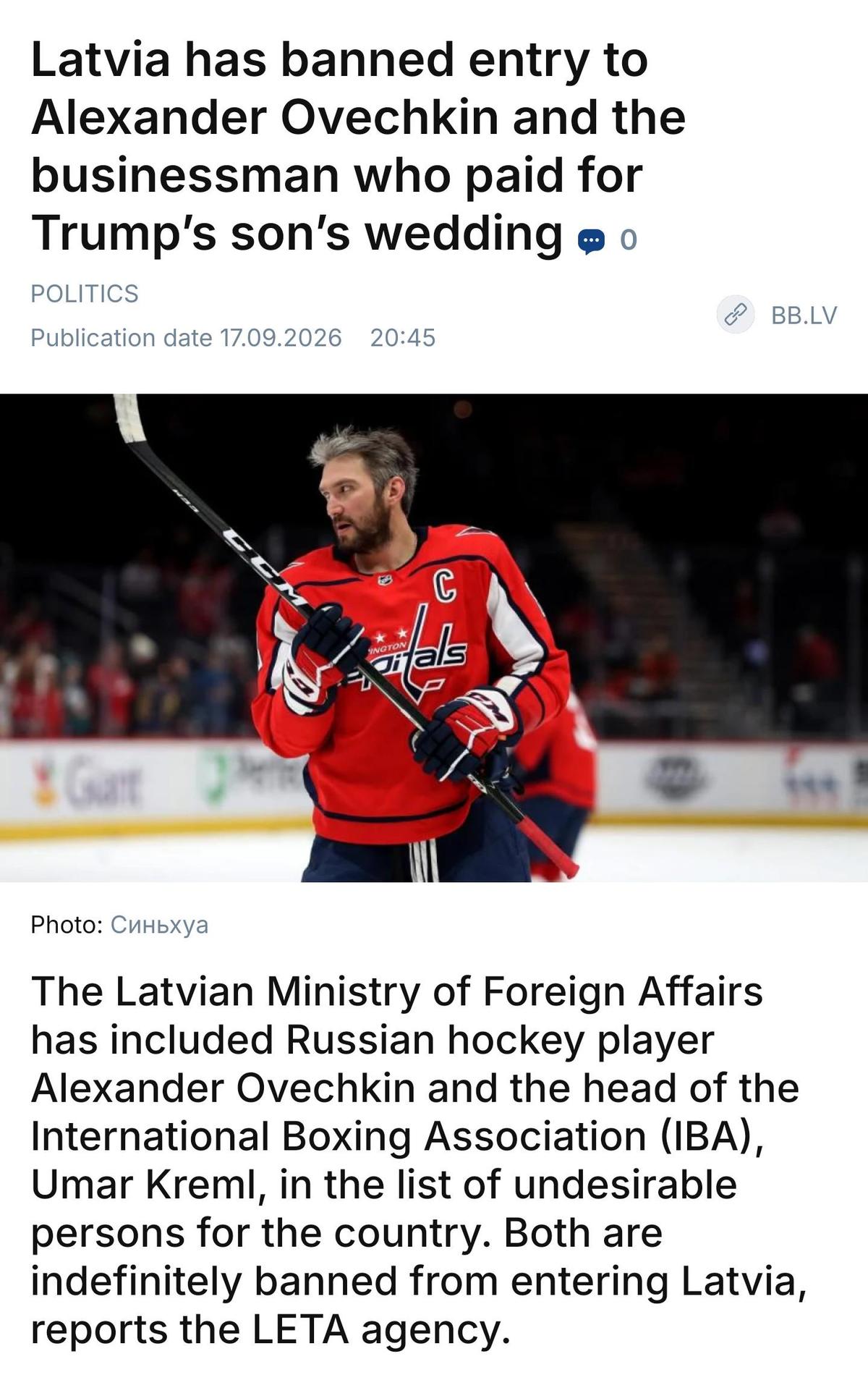 Alex Ovechkin gets banned from Latvia 