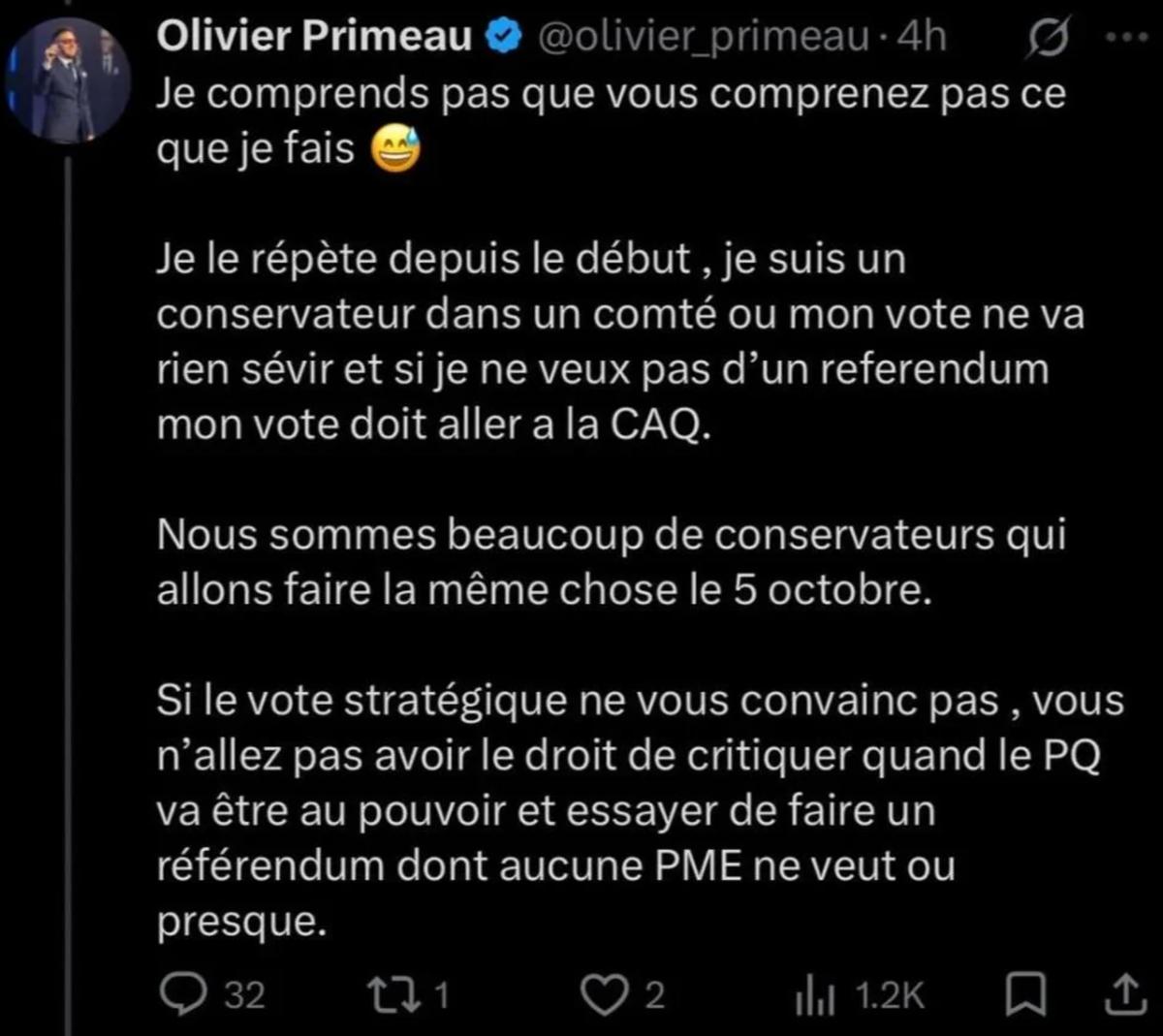 Olivier Primeau admet qu'il voterait pour le PCQ