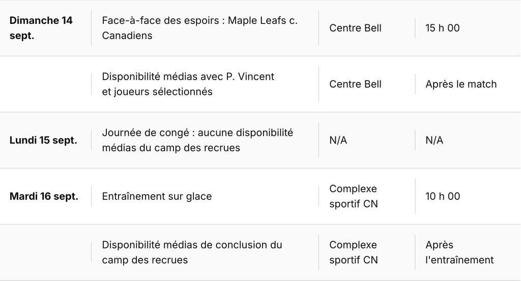 horaire camp