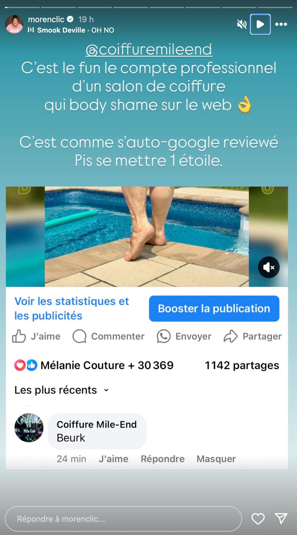 Commentaire haineux sur une publication de Christine Morency