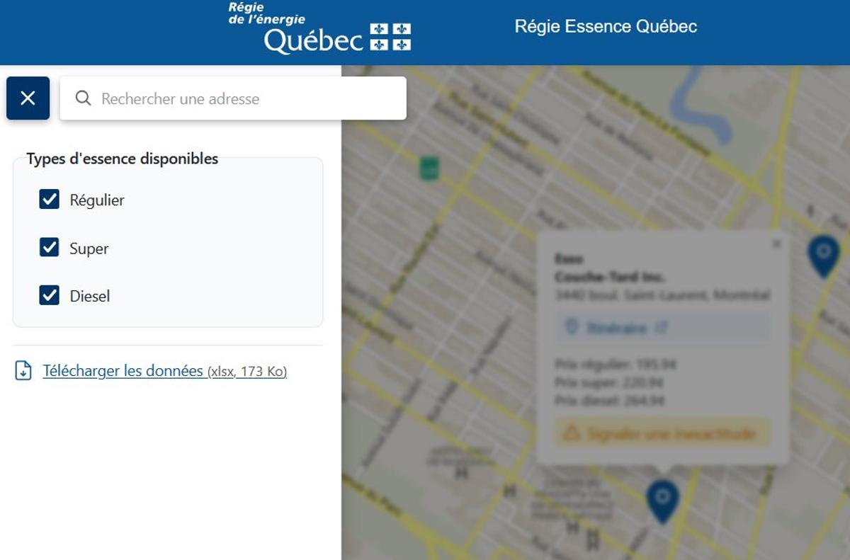 Capture d'écran - Régie essence Québec