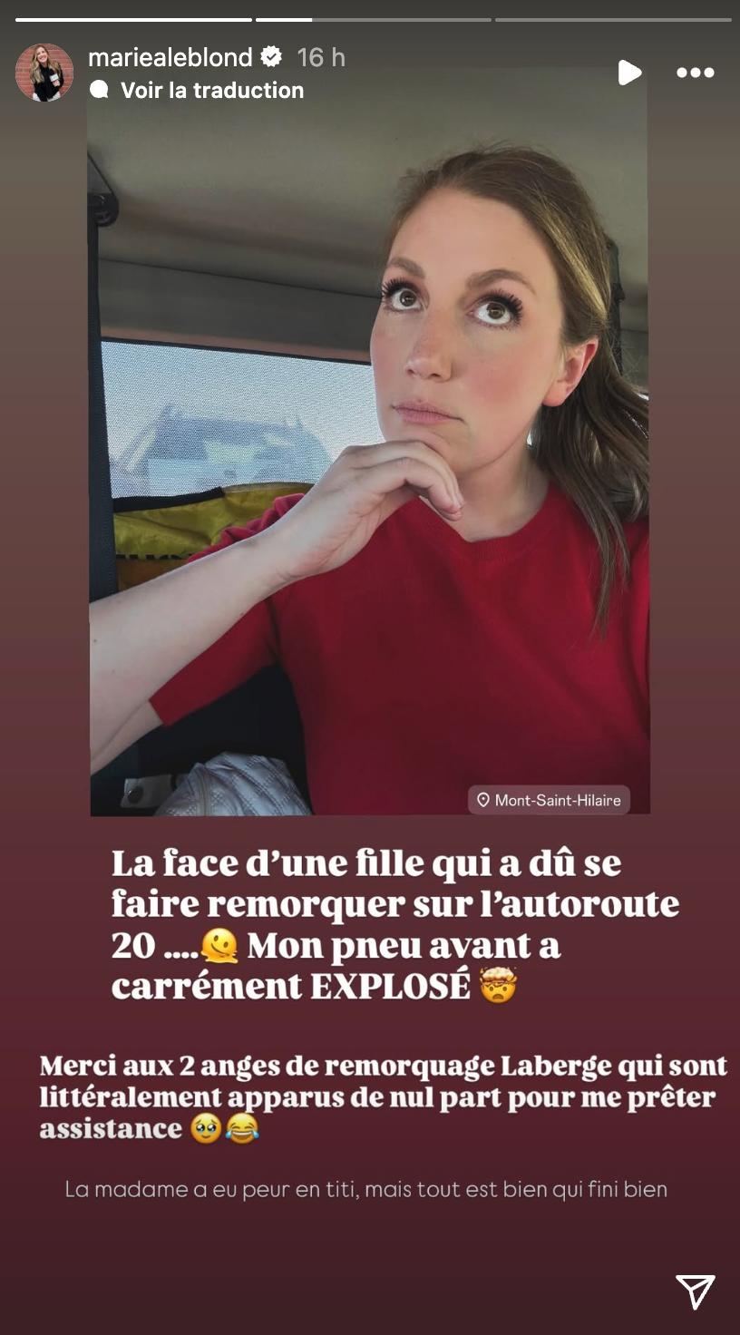 Marie André Leblond vit une mésaventure sur l'autoroute