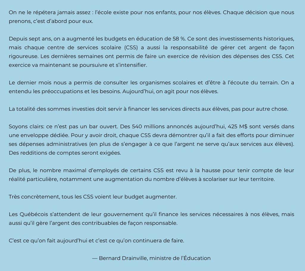 Bernard Drainville annonce 540 millions dans l'éducation