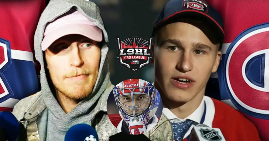 Le logo de la LSHL entouré de Patrik Laine, Ivan Demidov et Zachary Fucale