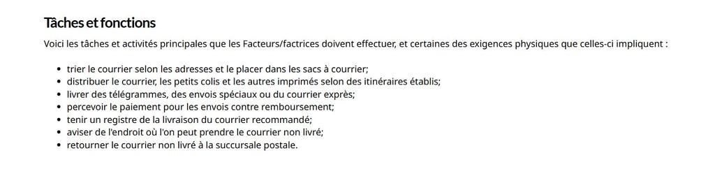 Tâches et fonctions facteurs et factrices Postes Canada