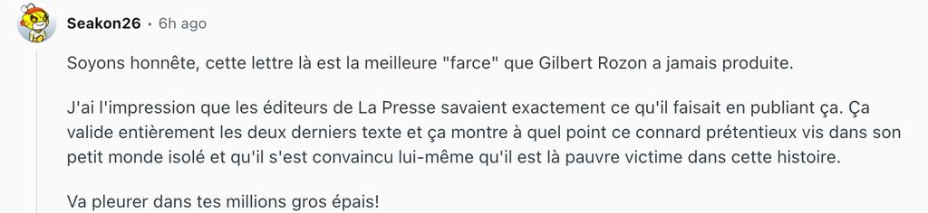 Commentaire sur Reddit à propos de Gilbert Rozon