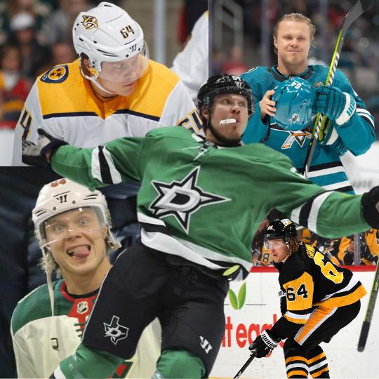 Mikael Granlund dans le chandail des 5 équipes pour qui il a joué dans la LNH