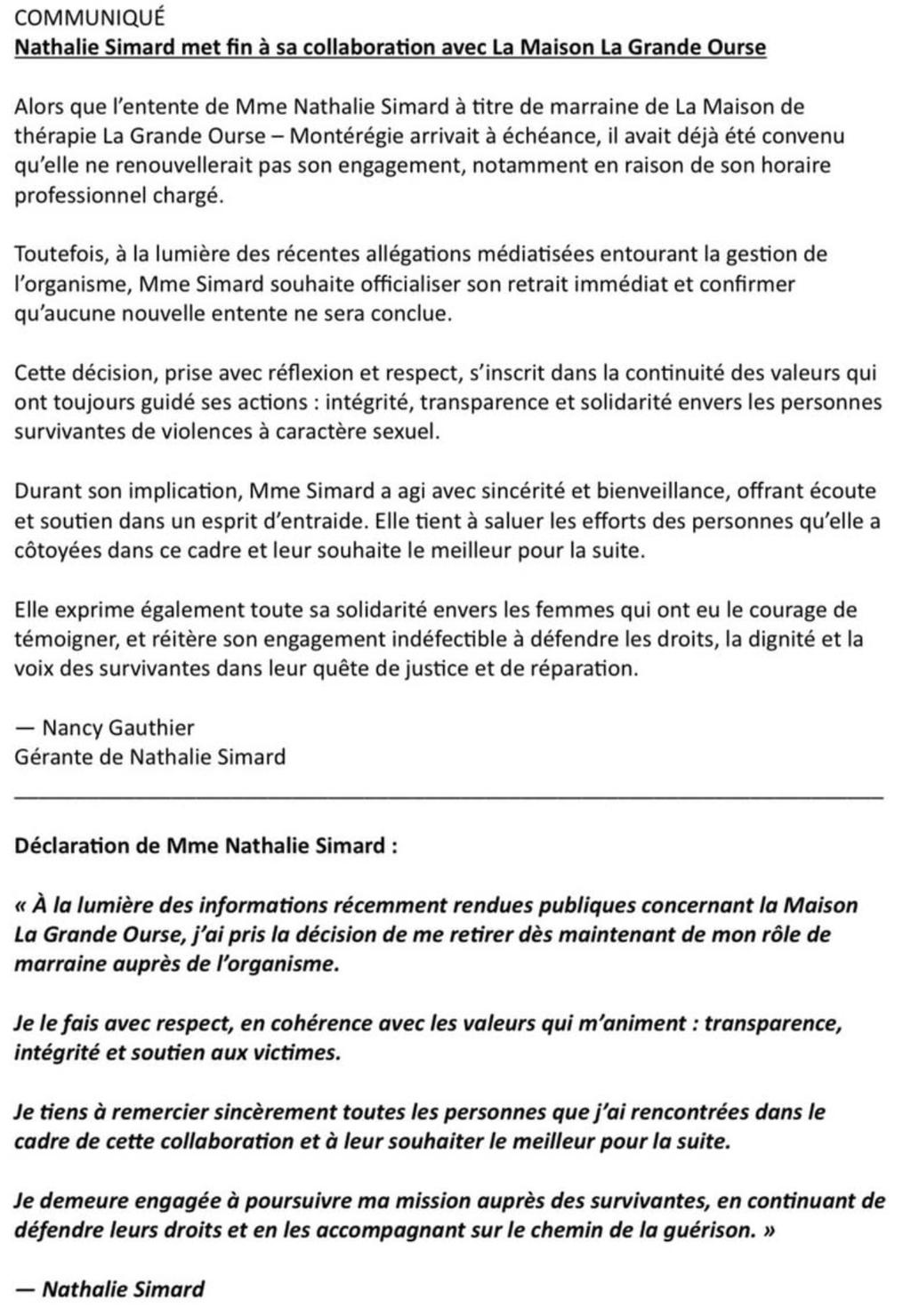 Communiqué mettant fin à la collaboration entre Nathalie Simard et La Grande Ourse