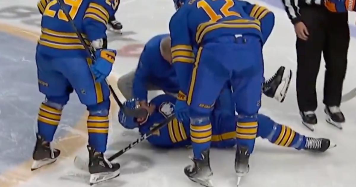 Sam Carrick, injured after fight with Anders Lee. 