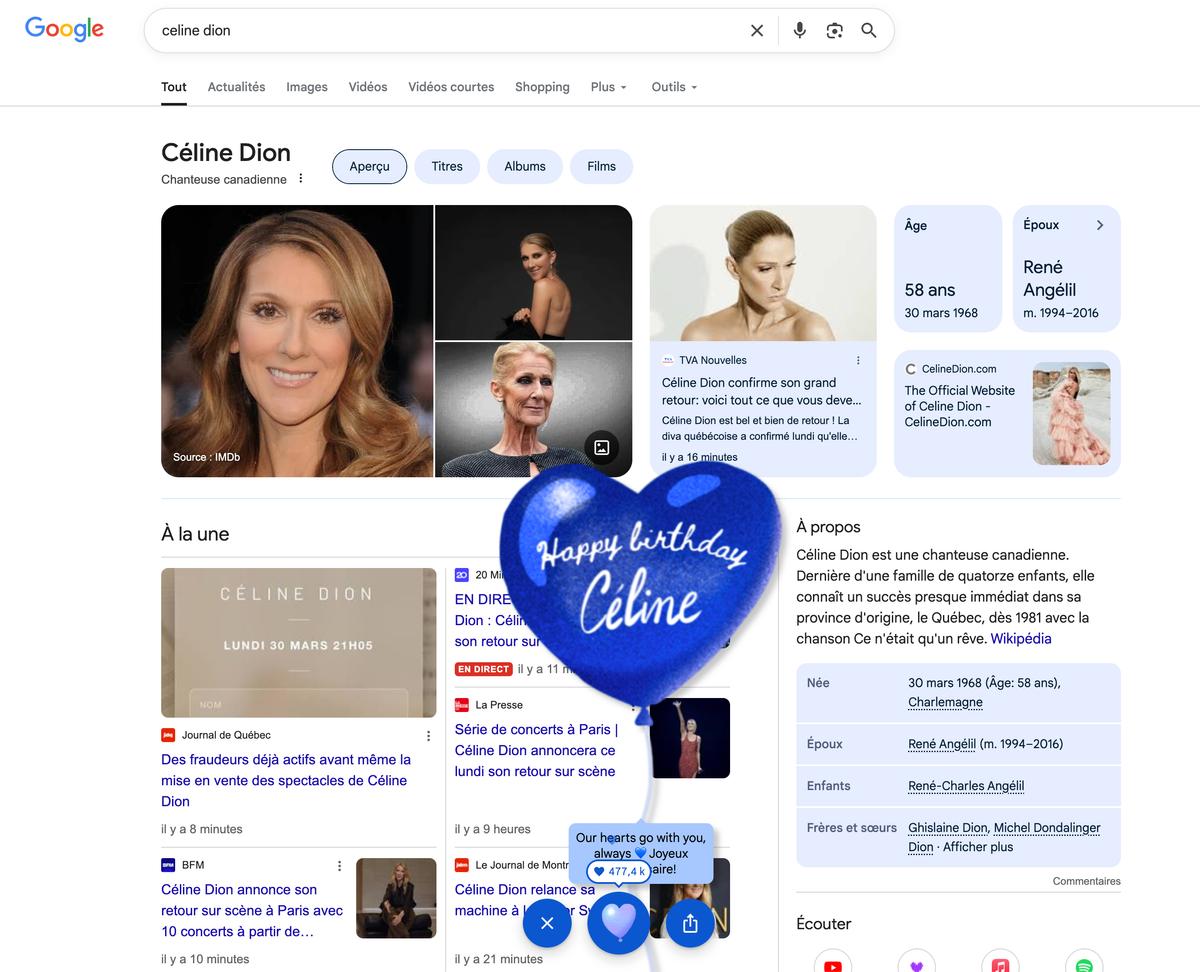 Google souhaite joyeux anniversaire à Céline Dion