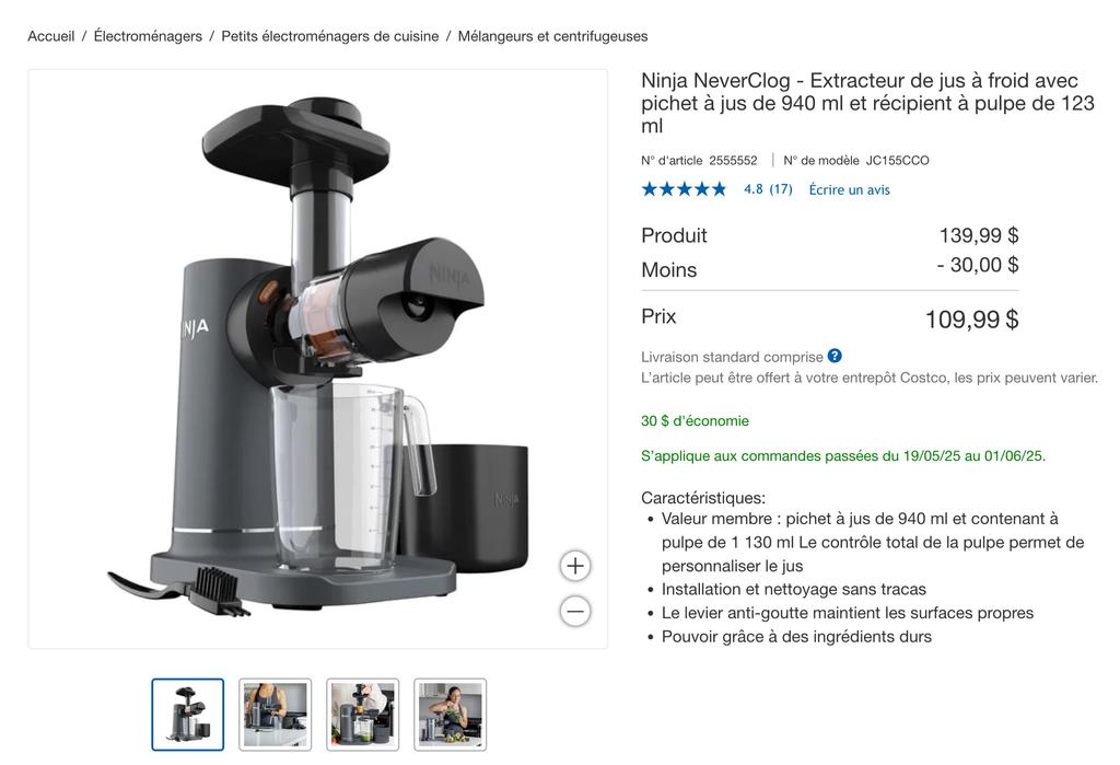 Extracteur à jus Ninja Neverclog Costco