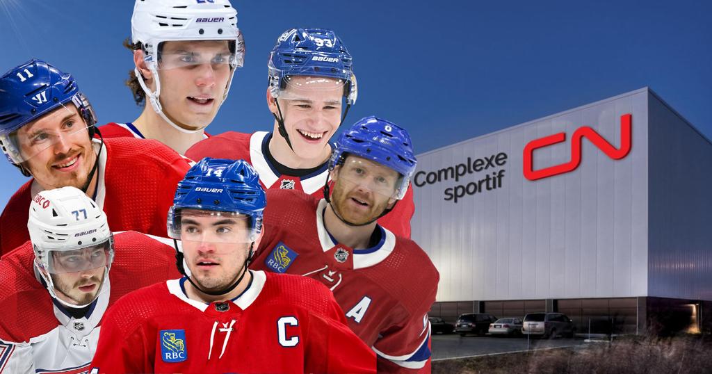 Dach, Gallagher, Suzuki, Slafkovsky, Matheson et Demidov devant le Complexe CN