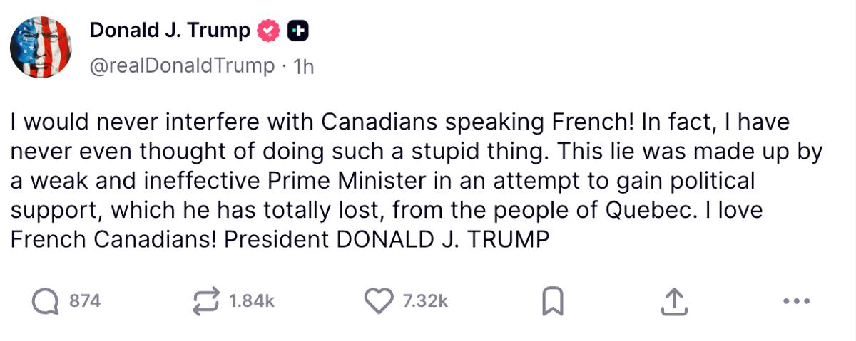 Message de Donald Trump sur le français et les Québécois