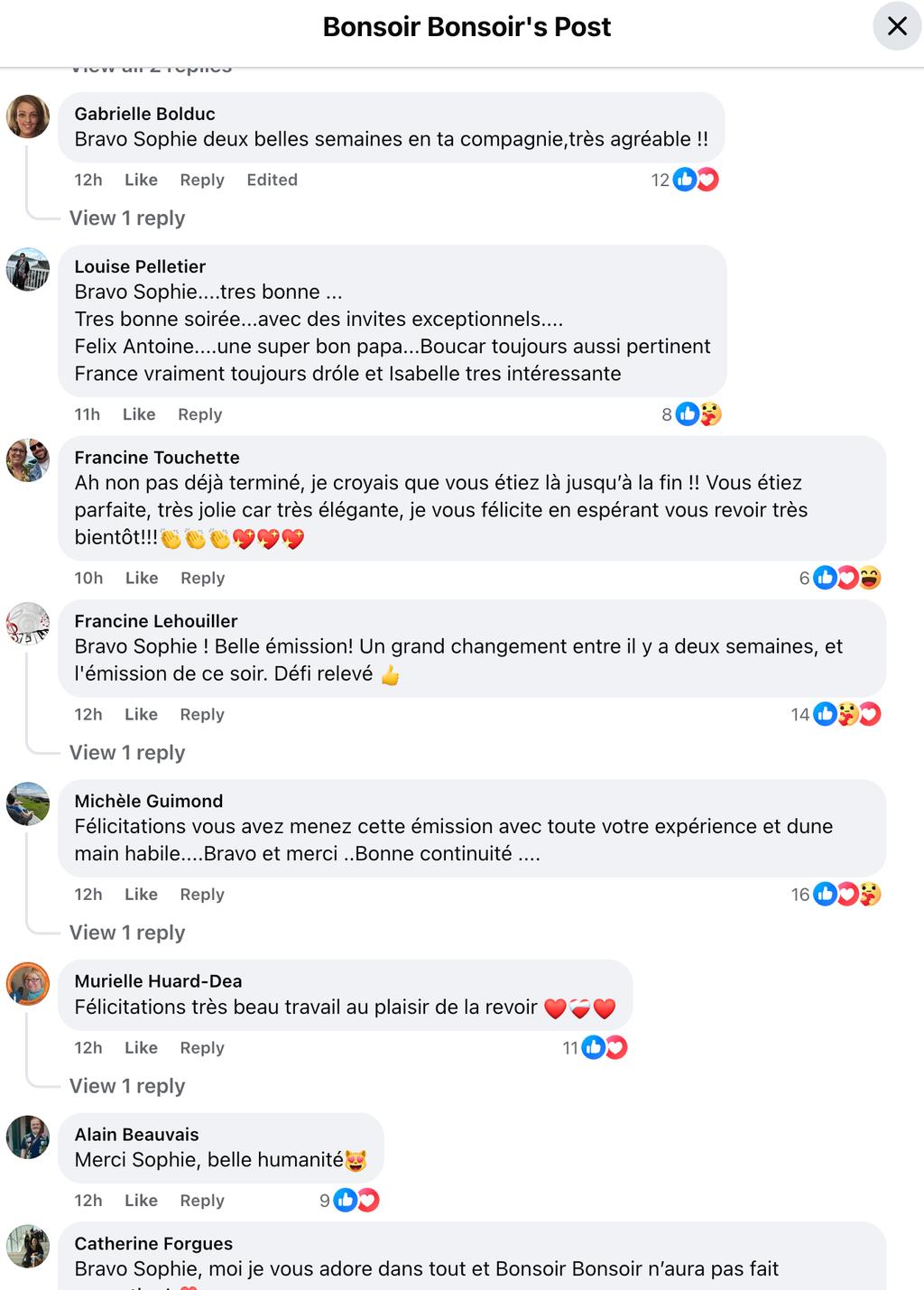 Commentaires sur la page Facebook de Bonsoir Bonsoir après la dernière de Sophie Fouron