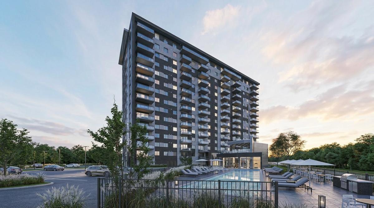 Vue extérieure de l'immeuble et du condo au sommet