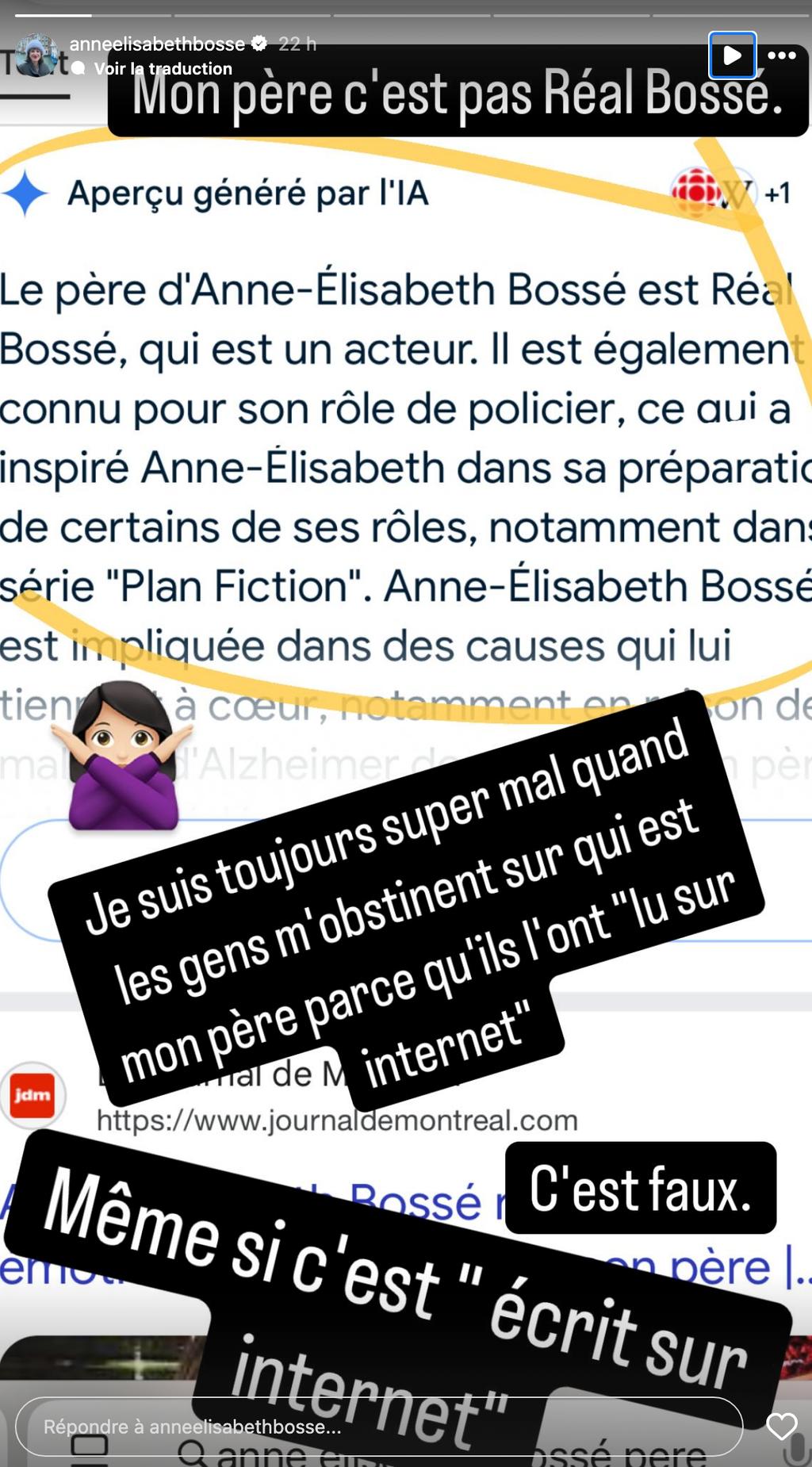 Capture d'écran d'Anne-Élisabeth Bossé qui dément que Réal Bossé est son père