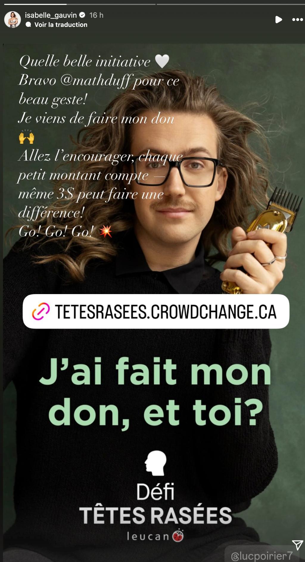 Capture d'écran de la story d'Isabelle Gauvin