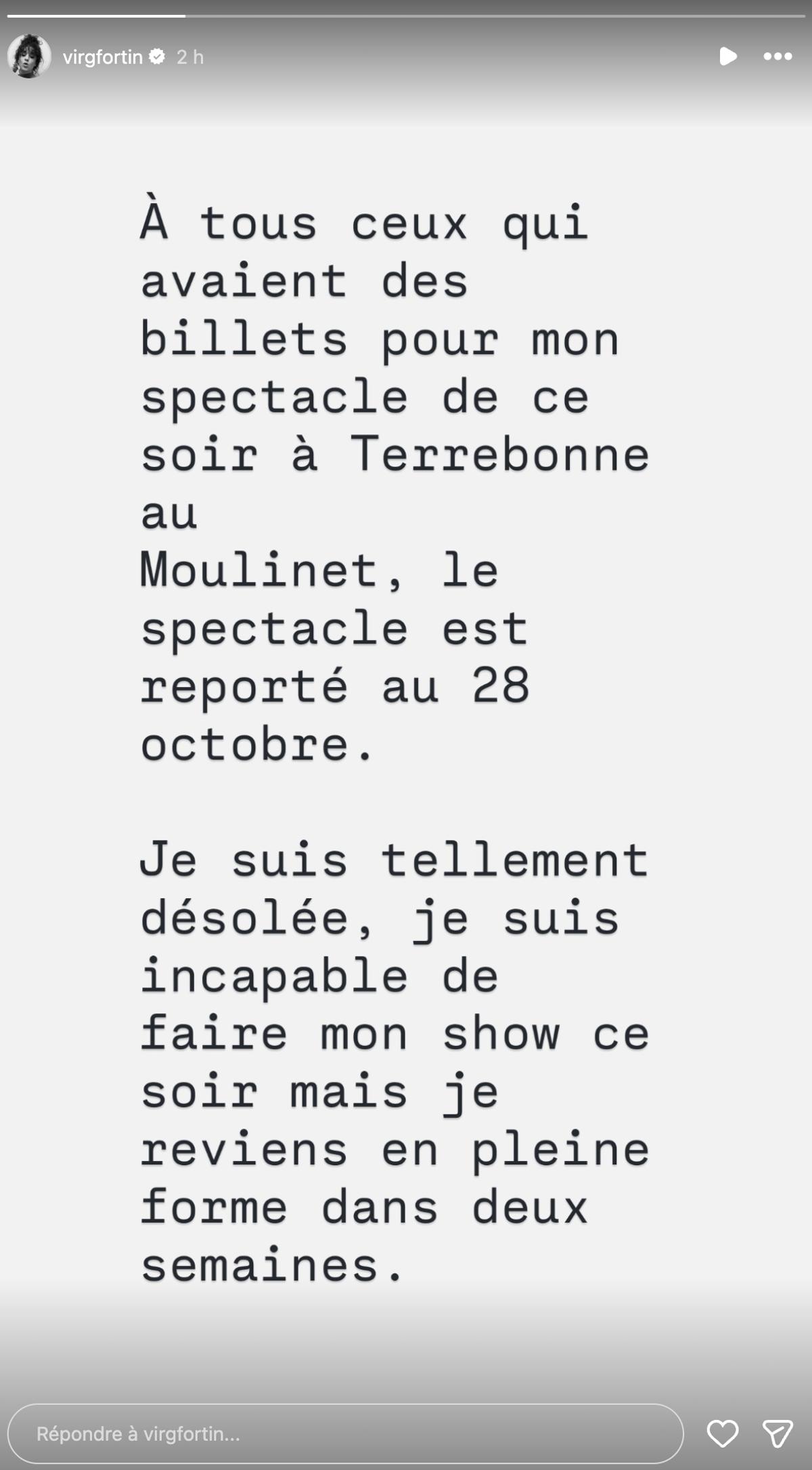 Virginie Fortin annule un spectacle en raison de sa santé