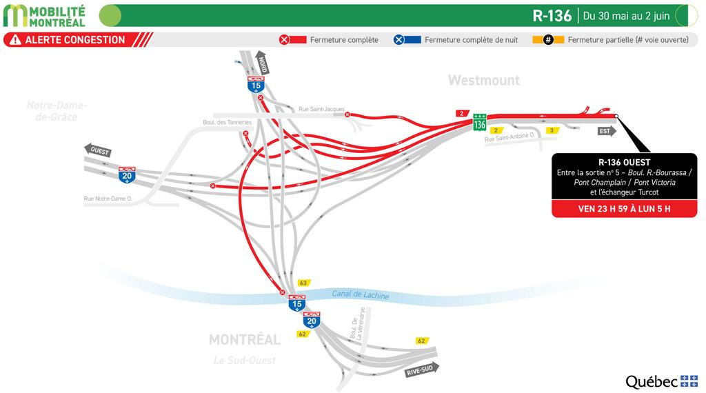 Route 136 complètement fermée du 30 mai au 2 juin