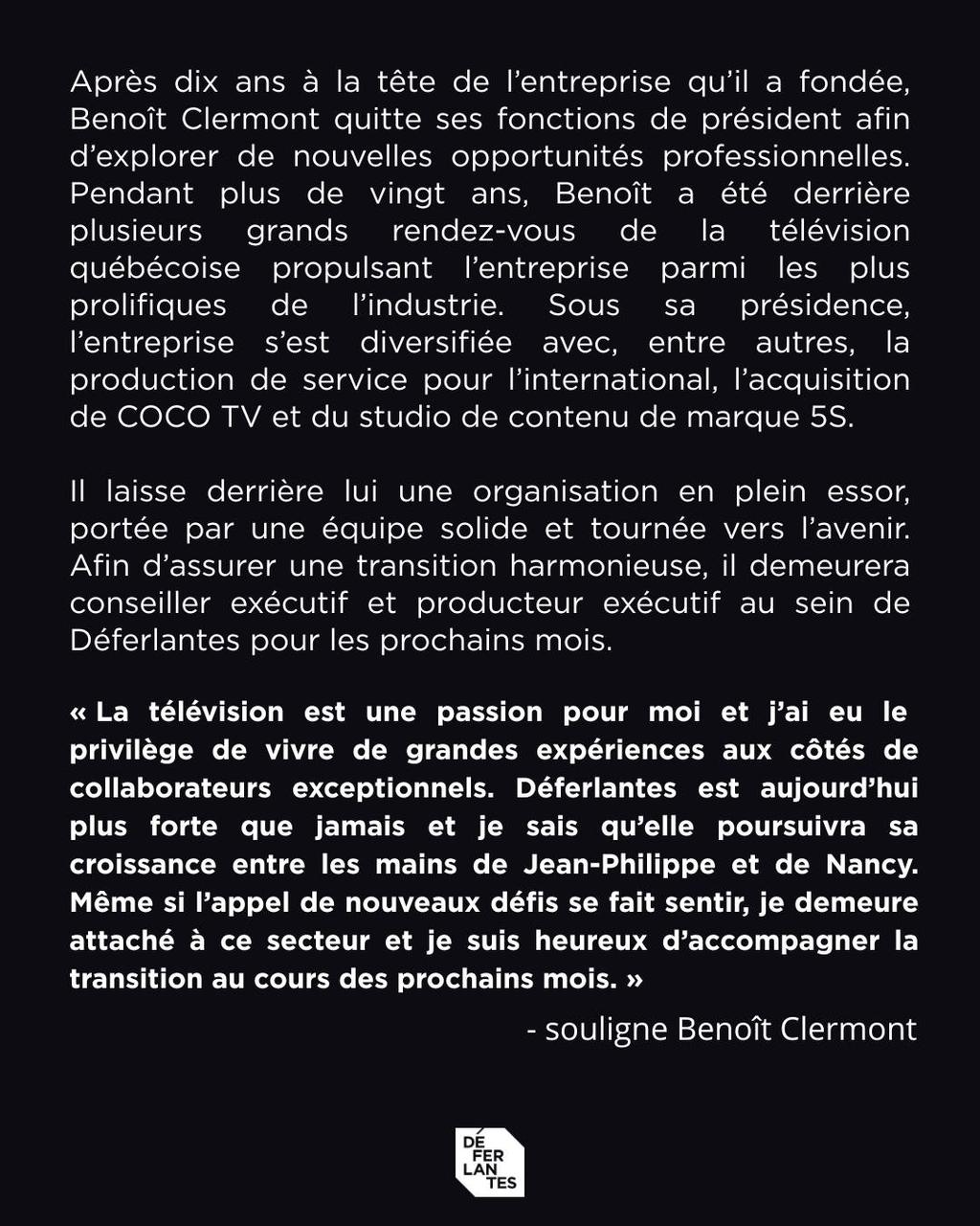 Benoît Clermont quitte la présidence de Productions Déferlantes