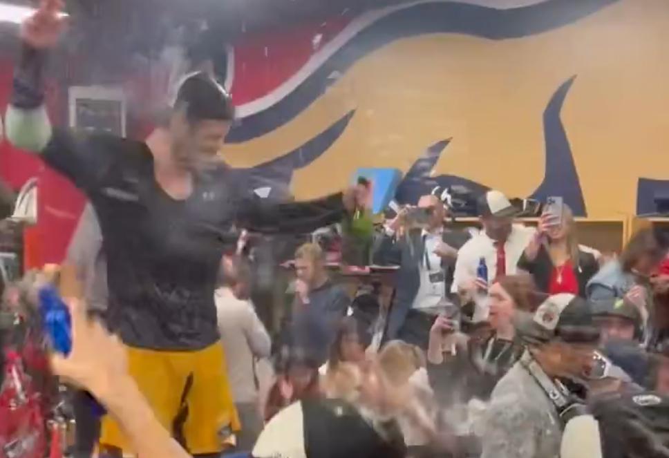 Panthers' dressing room after Stanley Cup win. 