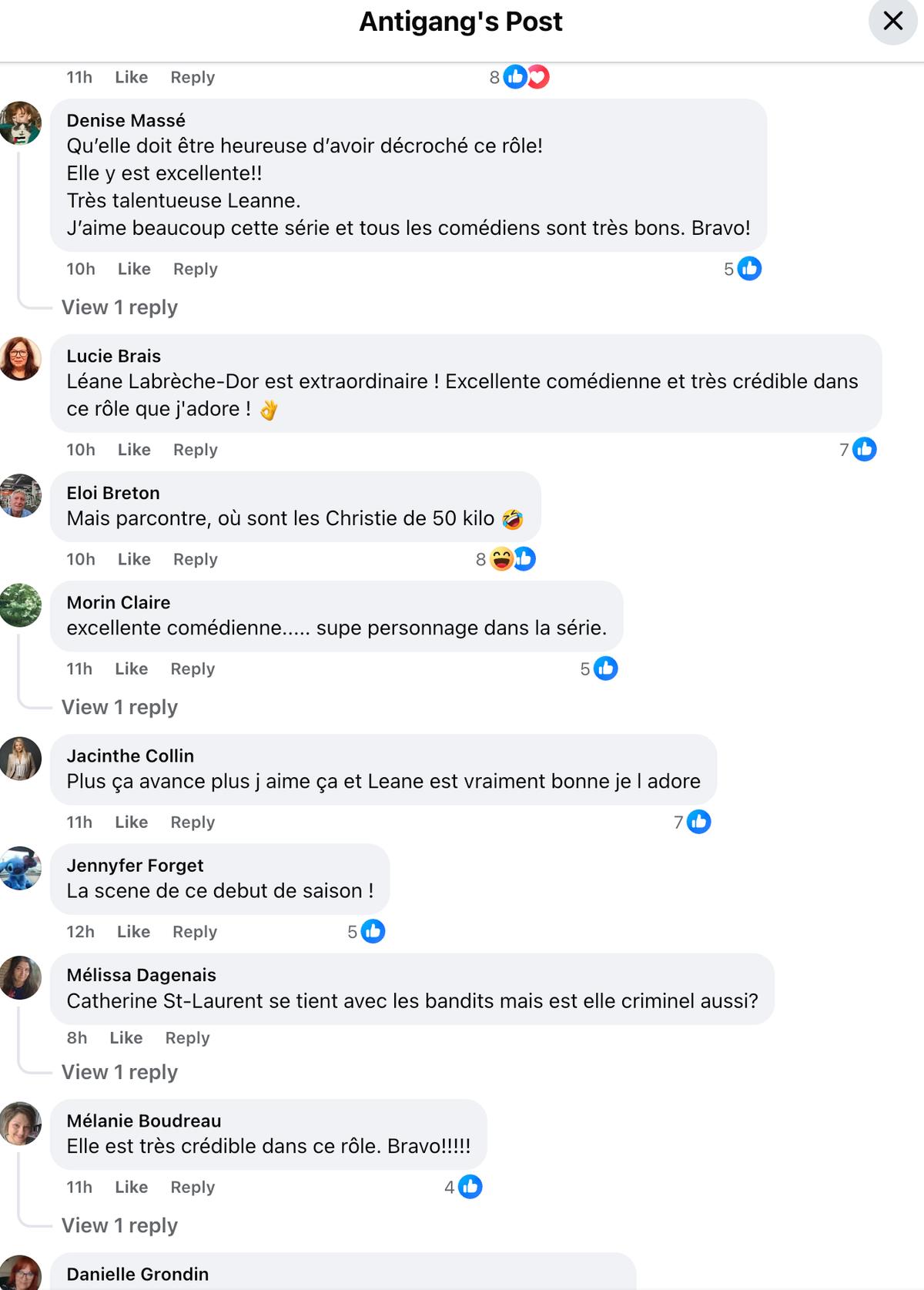 Commentaires sur la page Facebook d'Antigang