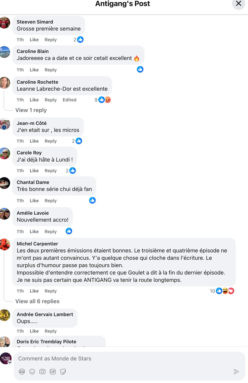 Commentaires sur la première semaine d'Antigang