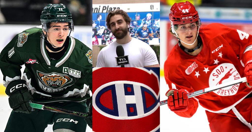 Nicolas Cloutier et le chandail du CH entourés par Carter Bear et Brady Martin