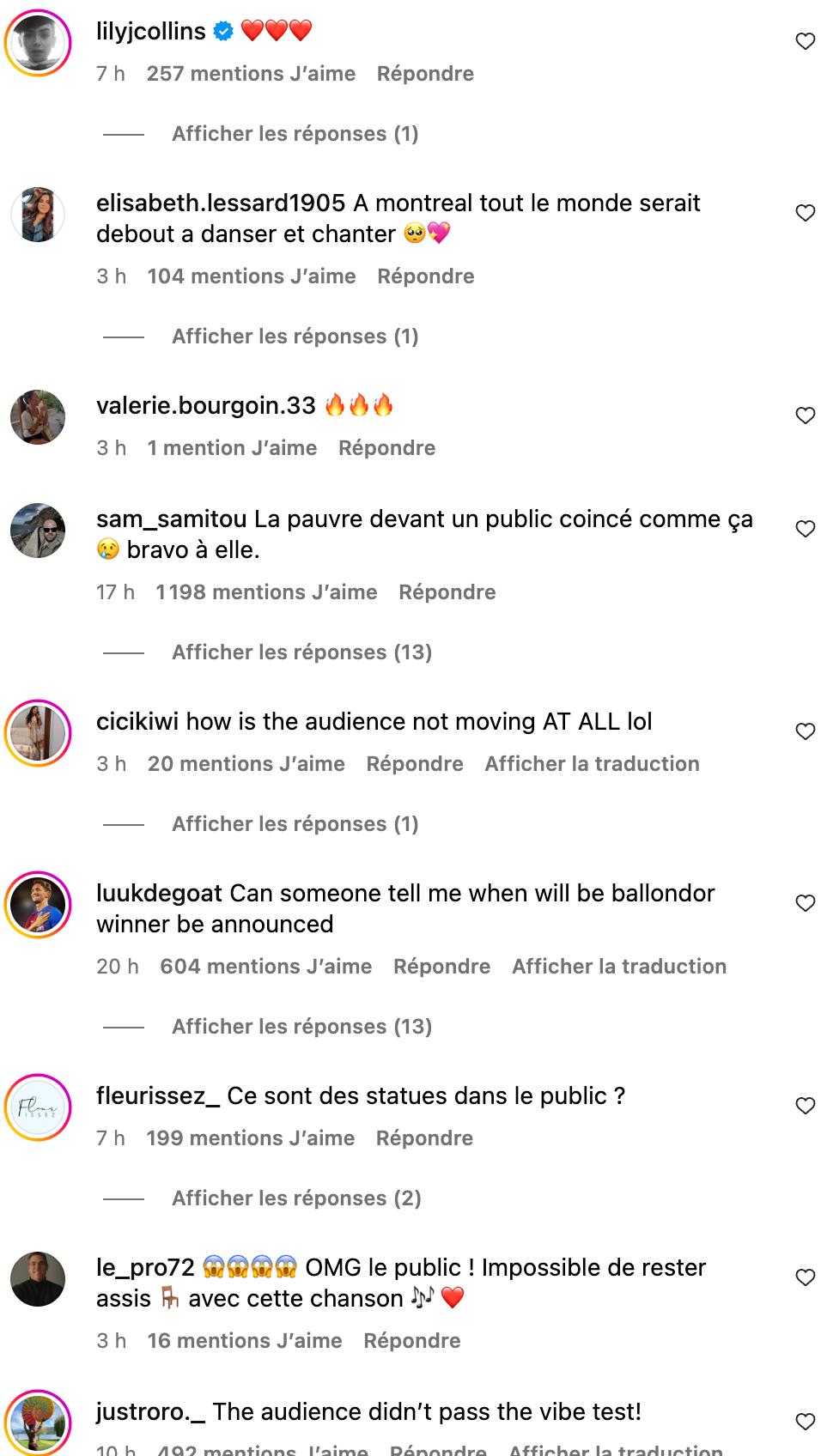 Commentaires des internautes concernant le public endormi au spectacle de Charlotte Cardin