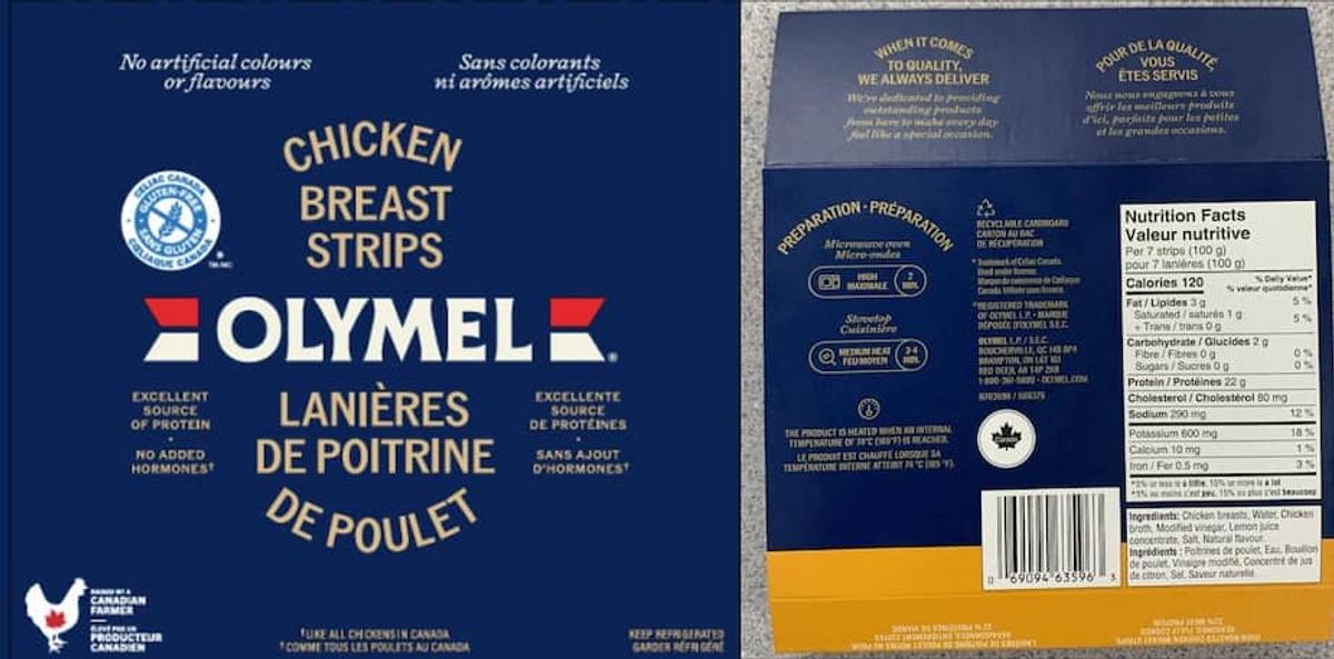 Montage photo des lanières de poulet Olymel visées par le rappel