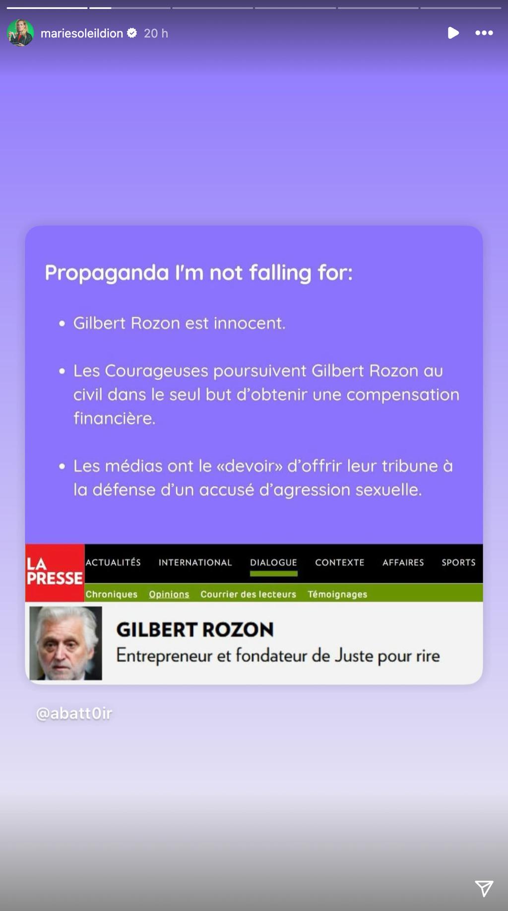 Marie-Soleil Dion dénonce le texte de Gilbert Rozon