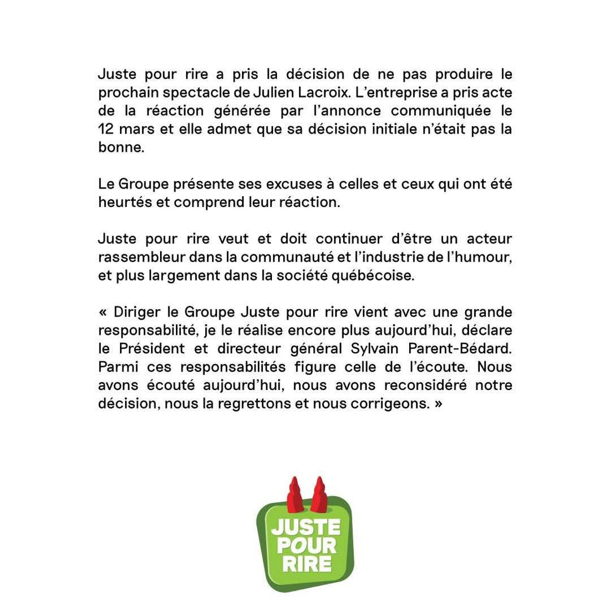 Communiqué Juste pour rire